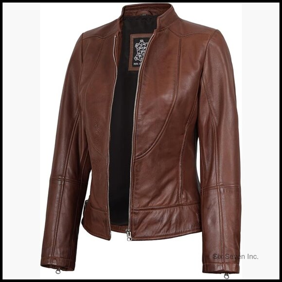 Lambskin Leather Jacket Women Cafe Racer Fitted Long Sleeve